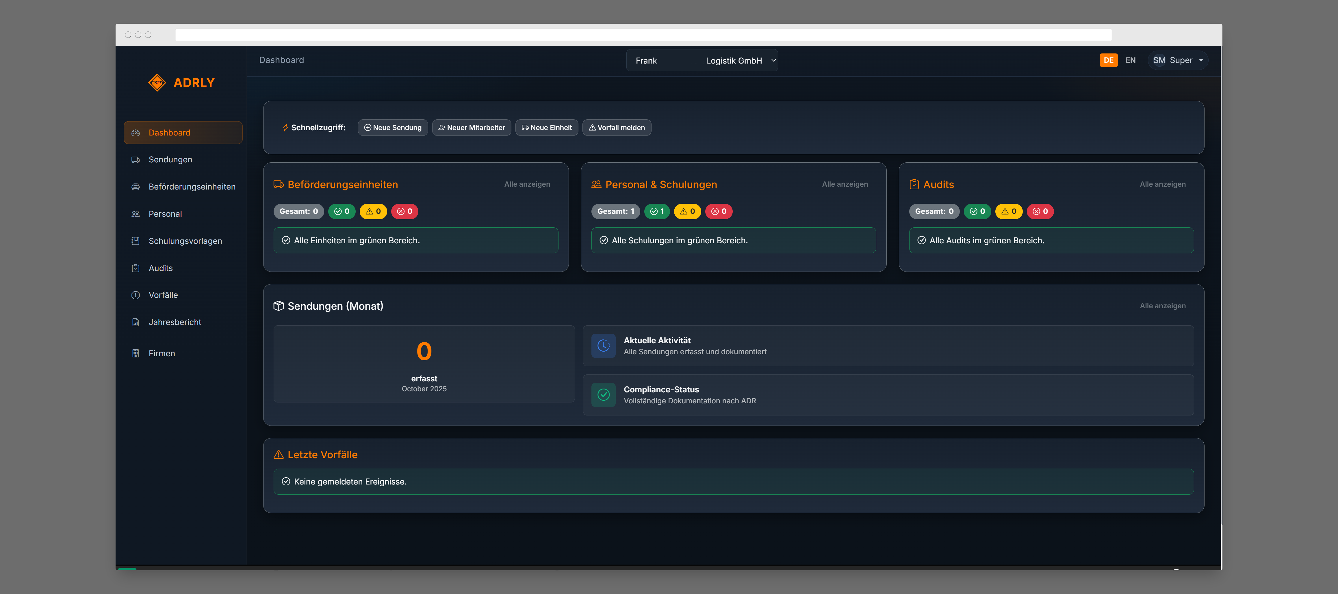 ADRLY Dashboard - Übersicht über Transporteinheiten, Prüftermine und Compliance-Status